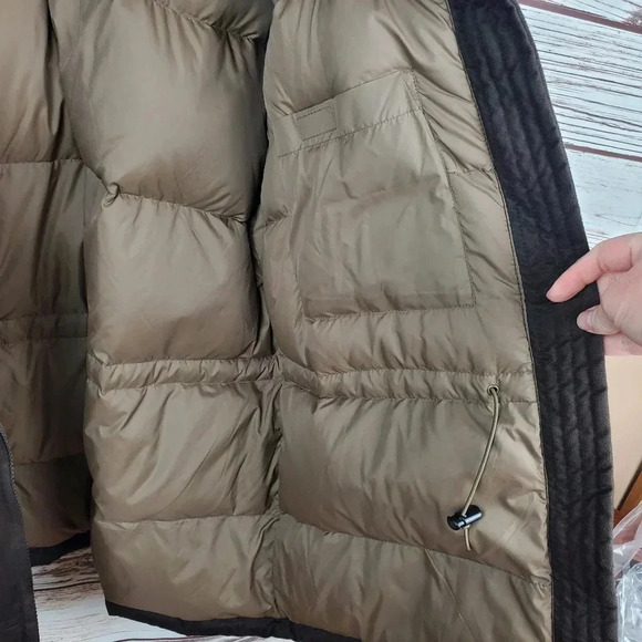 Cabelas Womens Large Brown Embroidered Goose Down Faux Suede Puffer Coat - Picture 12 of 12